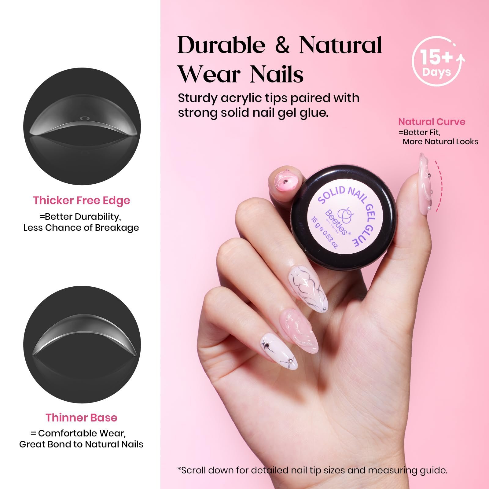 アーモンドミディアムネイルチップエクステンションキット(ハンドヘルドネイルランプ付き、15サイズ) - 画像 (3)