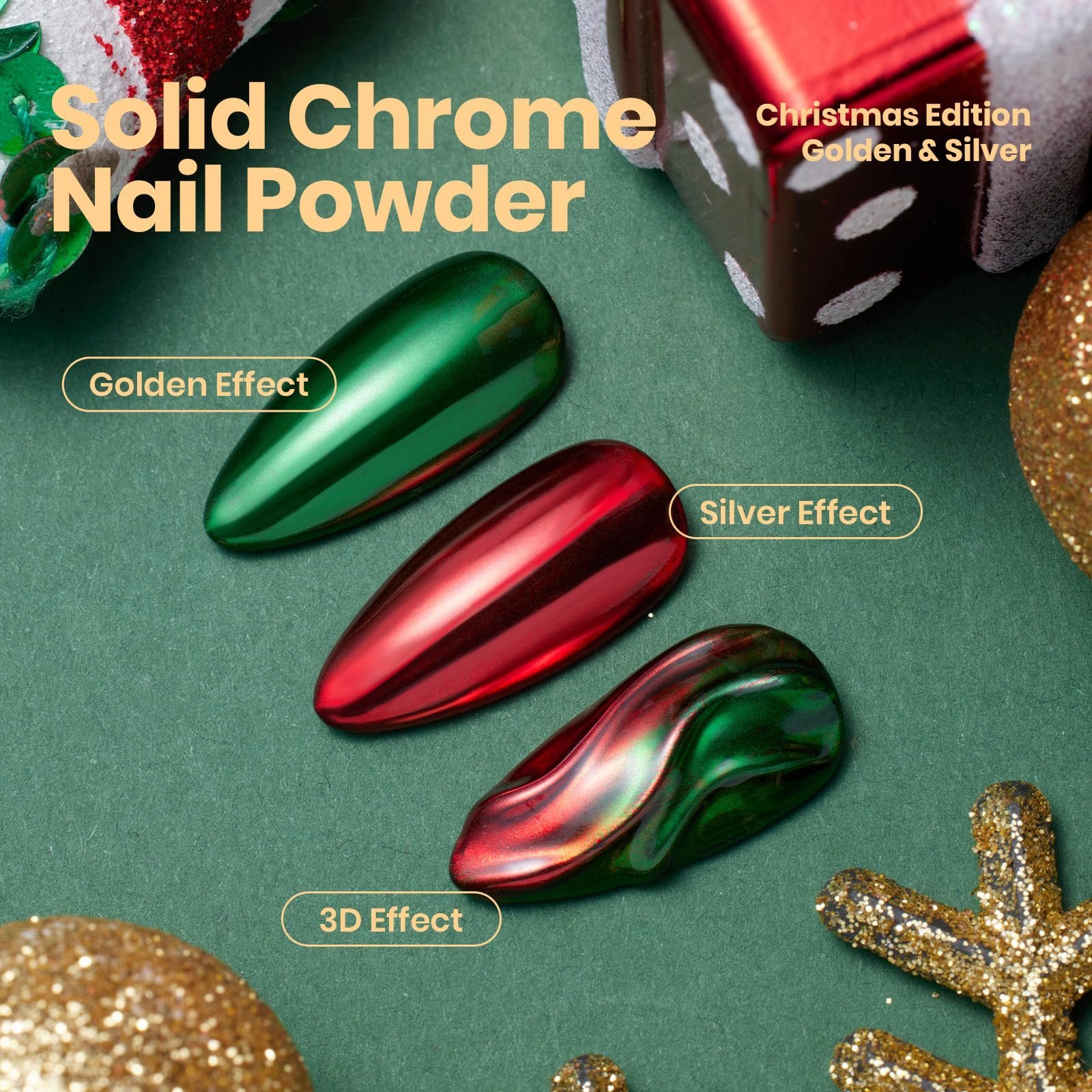クロームネイルパウダー クリスマス 2色 ミラー効果 レッド グリーン メタリック クローマーパウダー ネイル用 - 画像 (2)