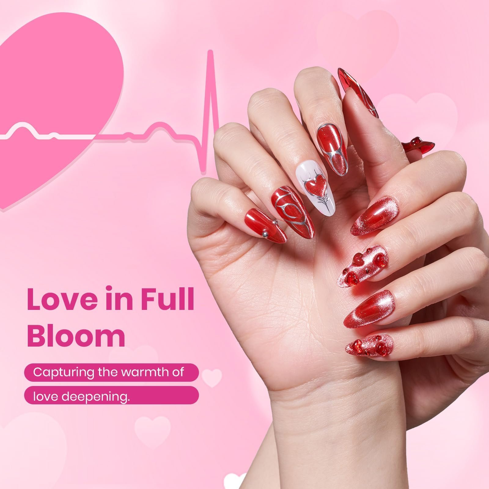 ラブシグナル ピンク ジェルネイルポリッシュセット - 6色 バレンタインネイル ピンク キャットアイ グリッター ジェルネイルポリッシュキット - 画像 (5)