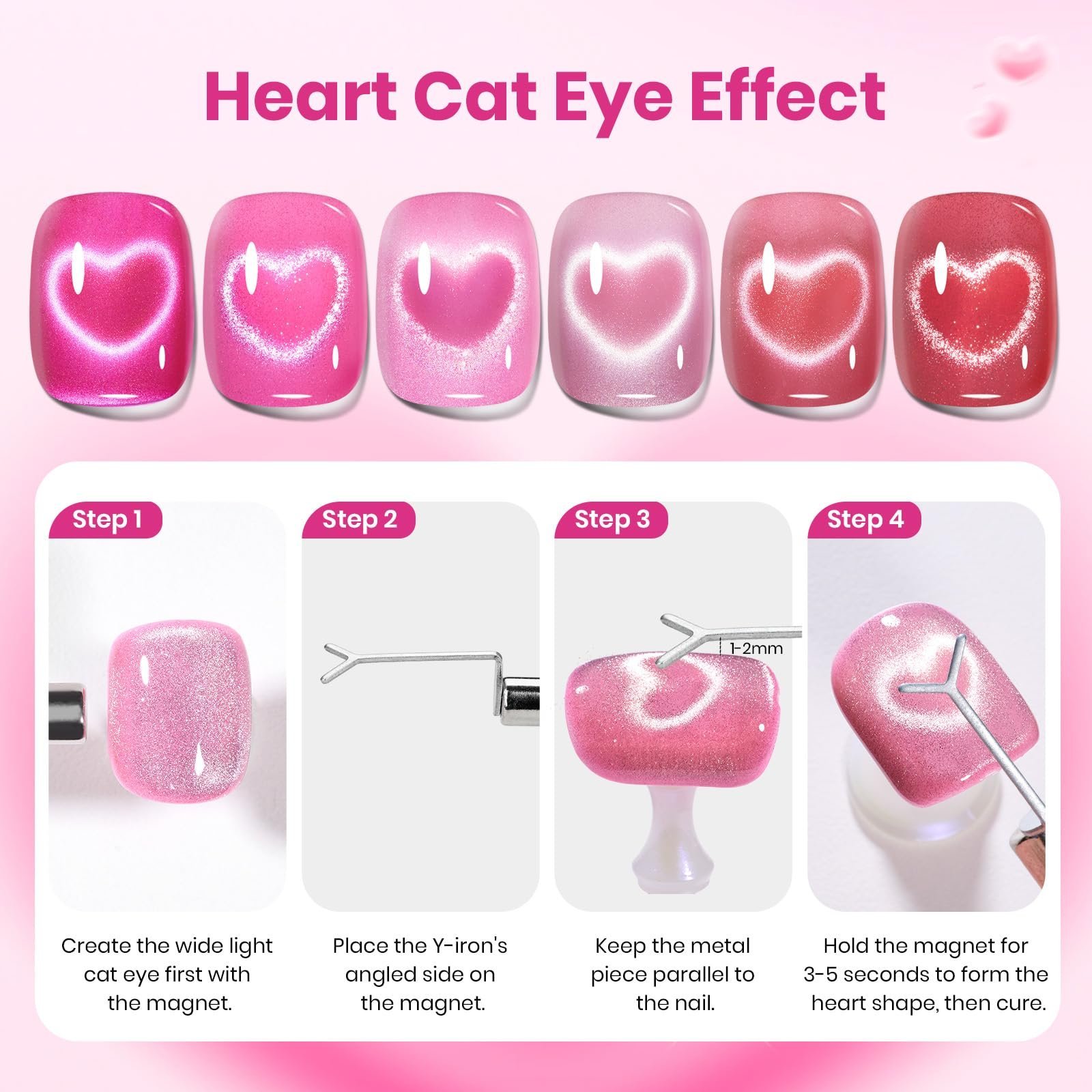 ラブシグナル ピンク ジェルネイルポリッシュセット - 6色 バレンタインネイル ピンク キャットアイ グリッター ジェルネイルポリッシュキット - 画像 (6)