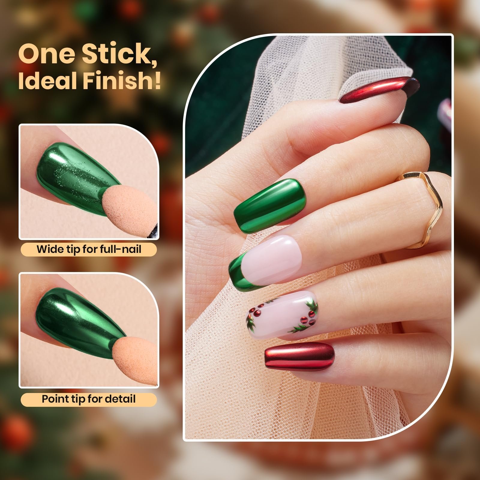 クロームネイルパウダー クリスマス 2色 ミラー効果 レッド グリーン メタリック クローマーパウダー ネイル用 - 画像 (5)