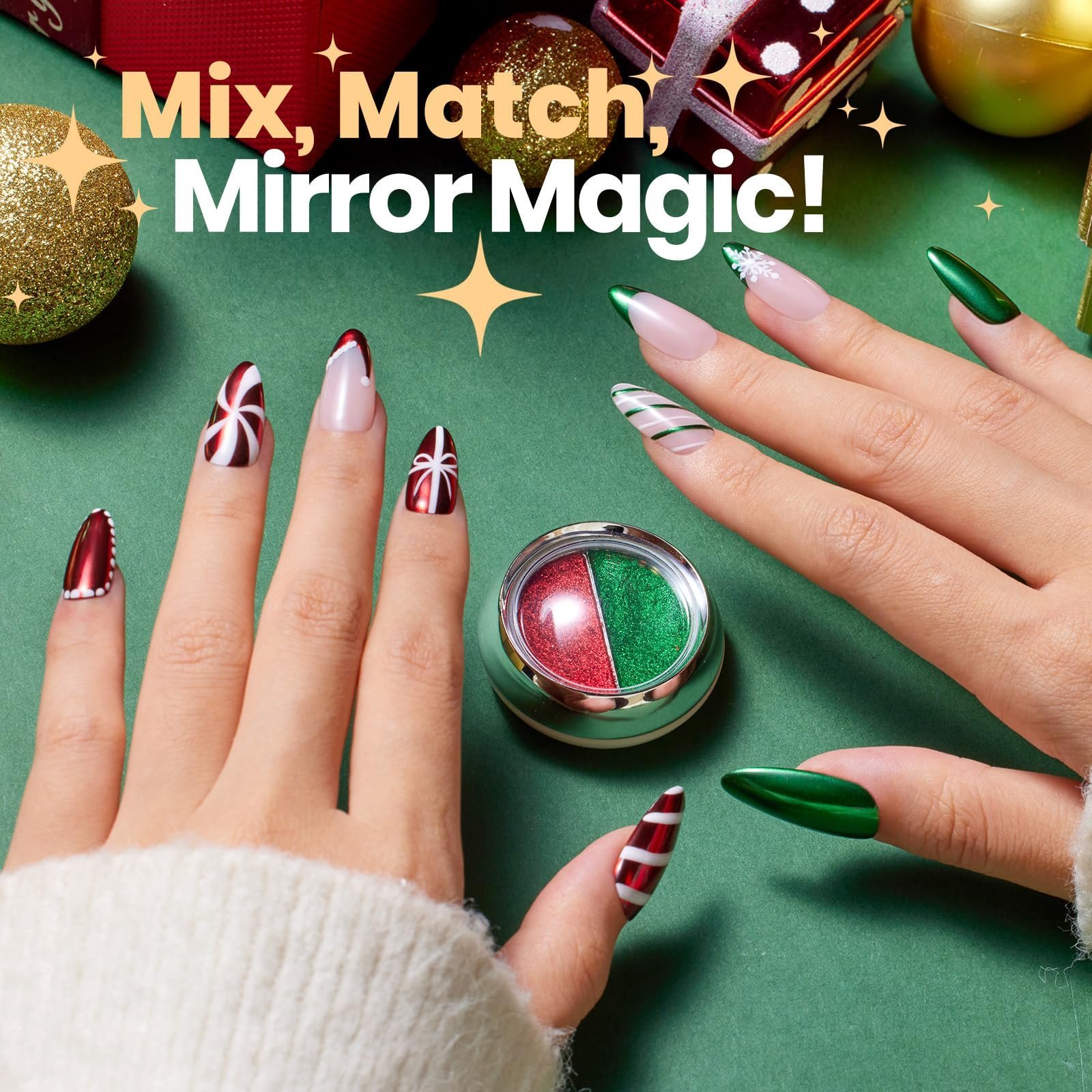 クロームネイルパウダー クリスマス 2色 ミラー効果 レッド グリーン メタリック クローマーパウダー ネイル用 - 画像 (6)